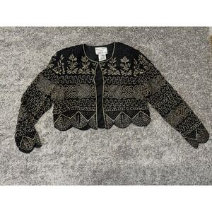 VTG L Adrianna Papell Bead Sequin Black Gold Embellished Blazer Jacket 100 Silk